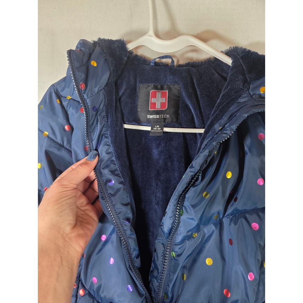 Swiss Tech Girls Lg Navy Blue Metallic Rainbow Polka Dot Puffer Jacket - Picture 3 of 6